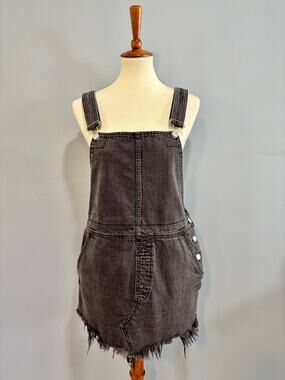 Free People Ziggy Denim Overall Mini Dress Skirtall Frayed Gray Festival Size 10